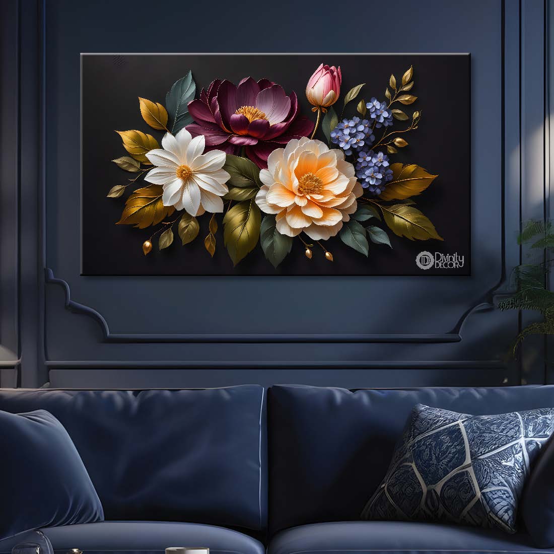 Colorful flowers in black background canvas painting- Flower-502