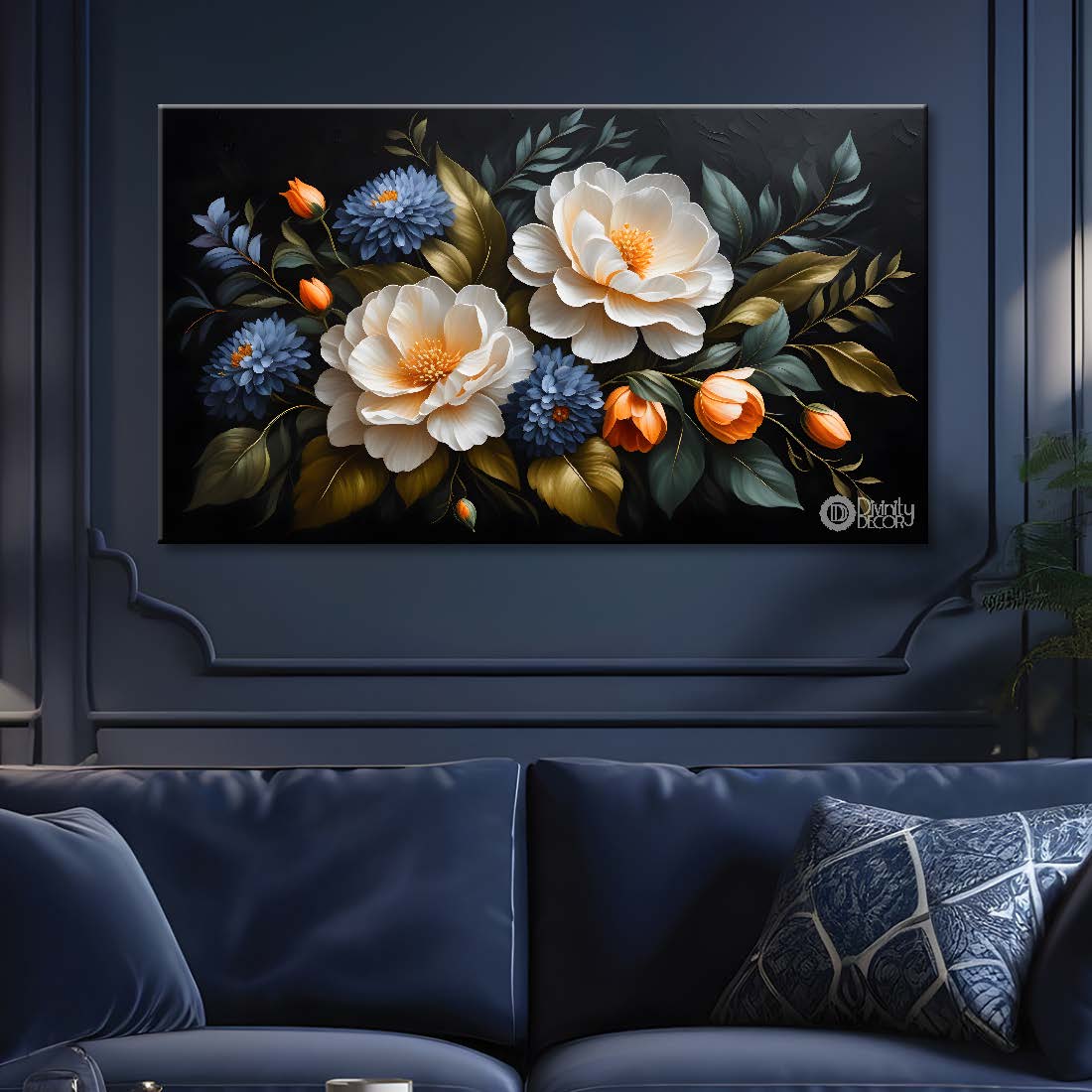 White flowers in black background canvas painting- Flower-503