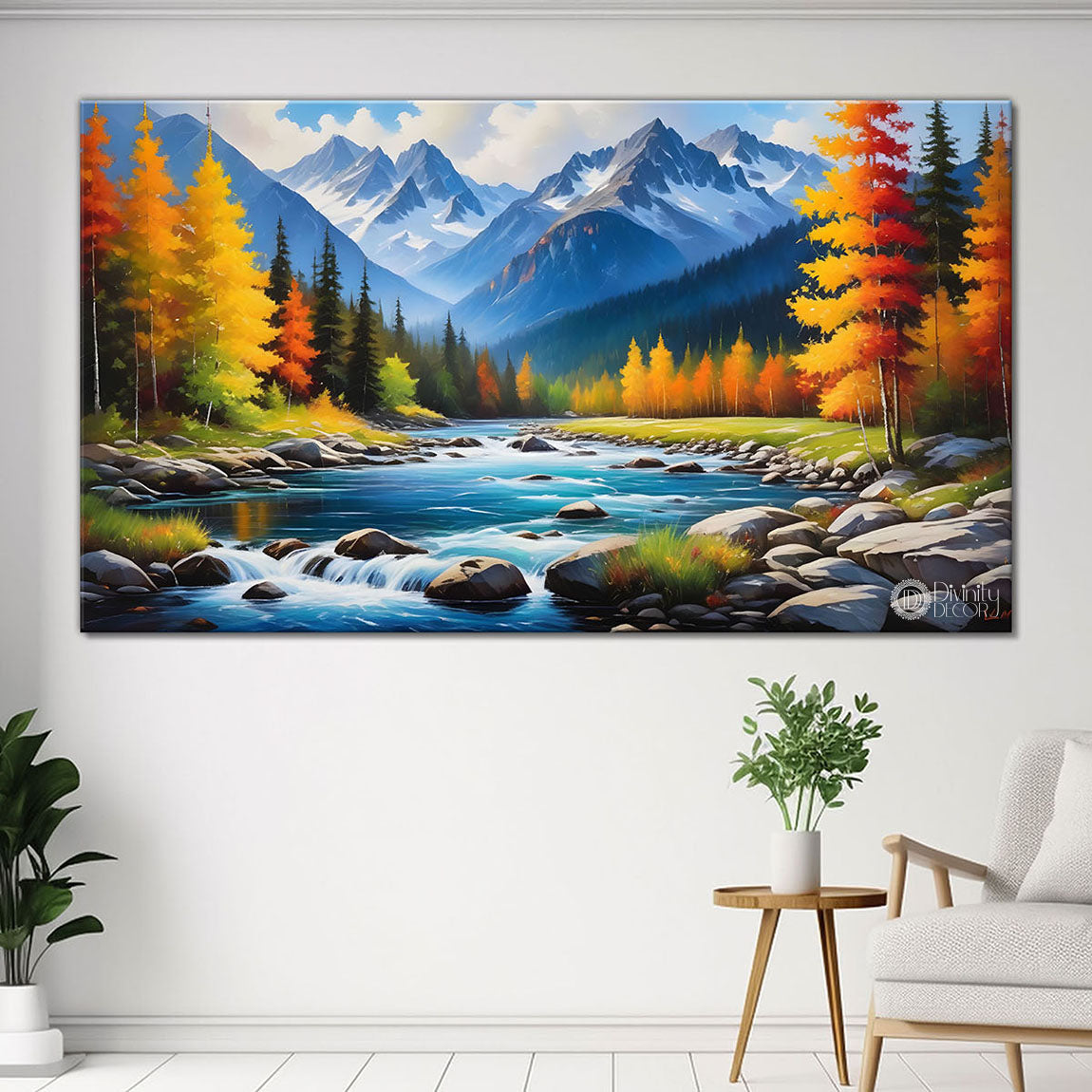 Mountains with tree and river painting Canvas Painting - Nature Art -503