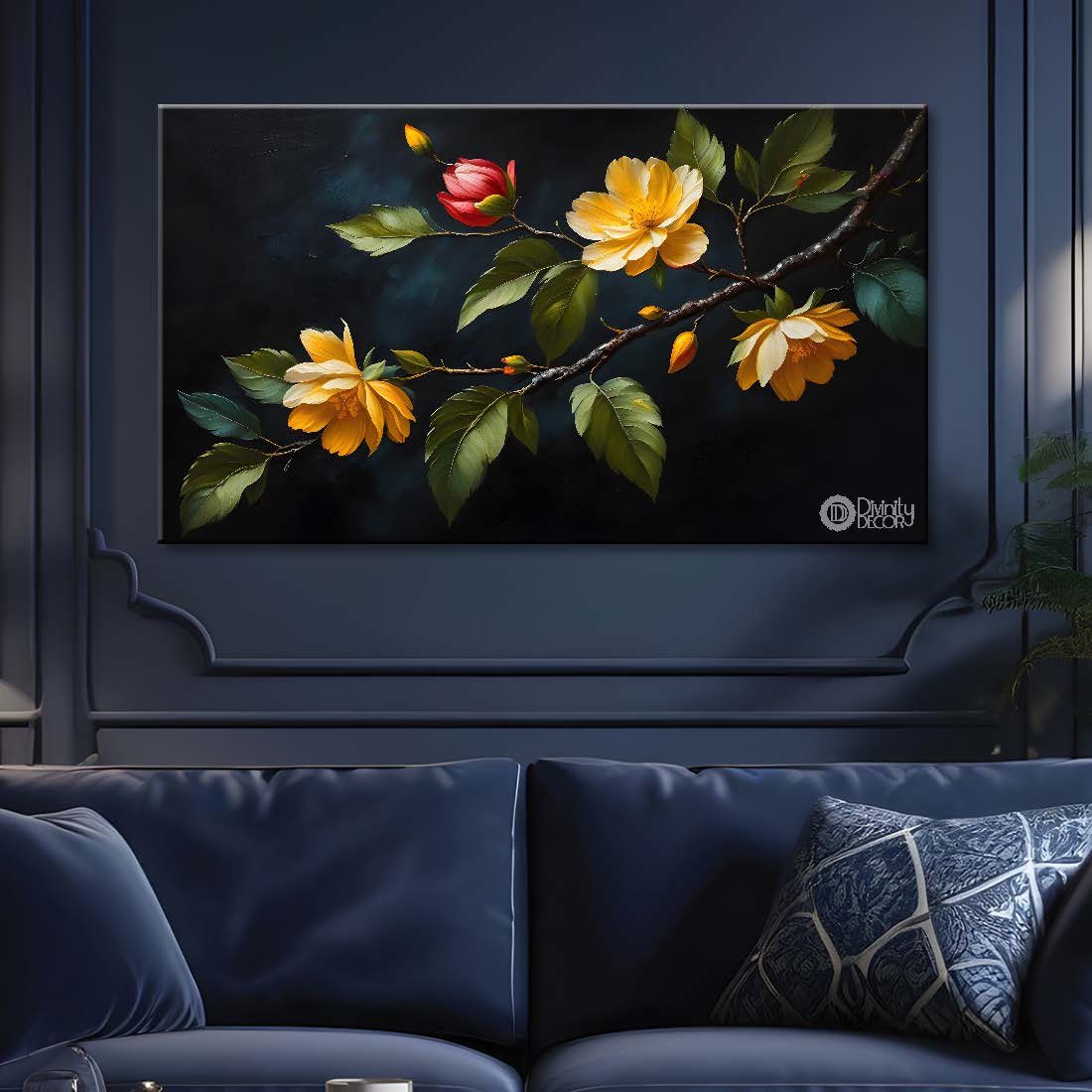 Yellow flowers in black background canvas painting- Flower-504