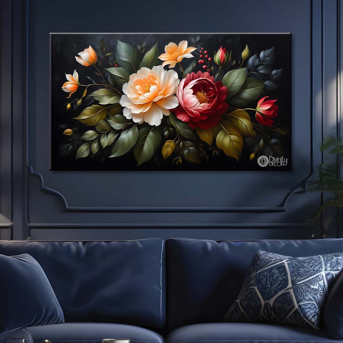 Colorful flowers in black background canvas painting- Flower-505