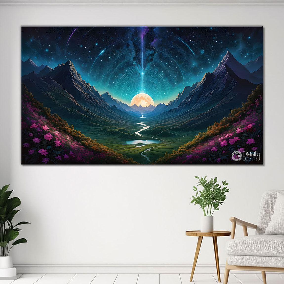 Mountains with purple flowers in night textured painting Canvas Painting - Nature Art -505