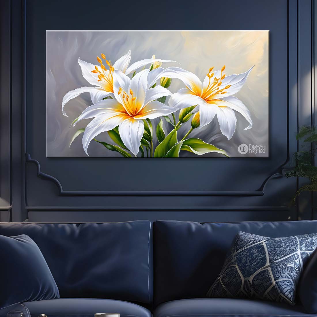 White flowers in grey background canvas painting- Flower-507