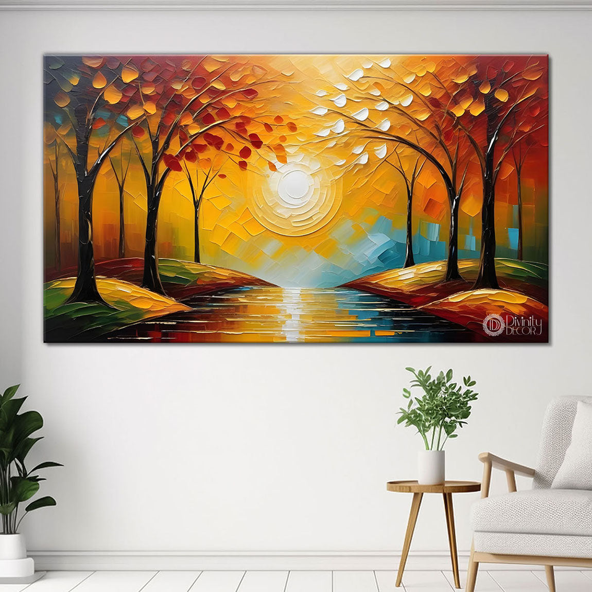Orange flowers and sun textured painting Canvas Painting - Nature Art -507