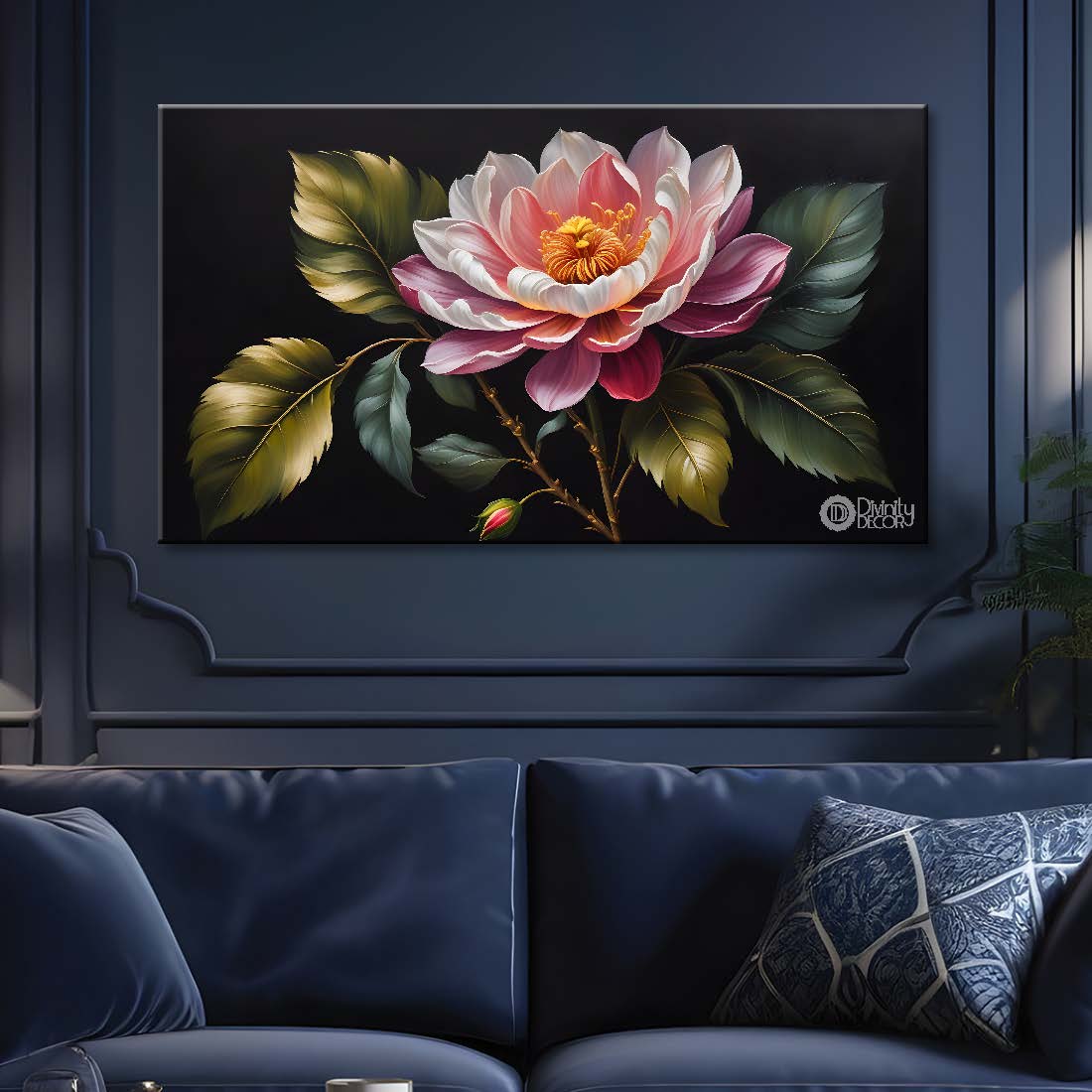Pink flower in black background canvas painting- Flower-508