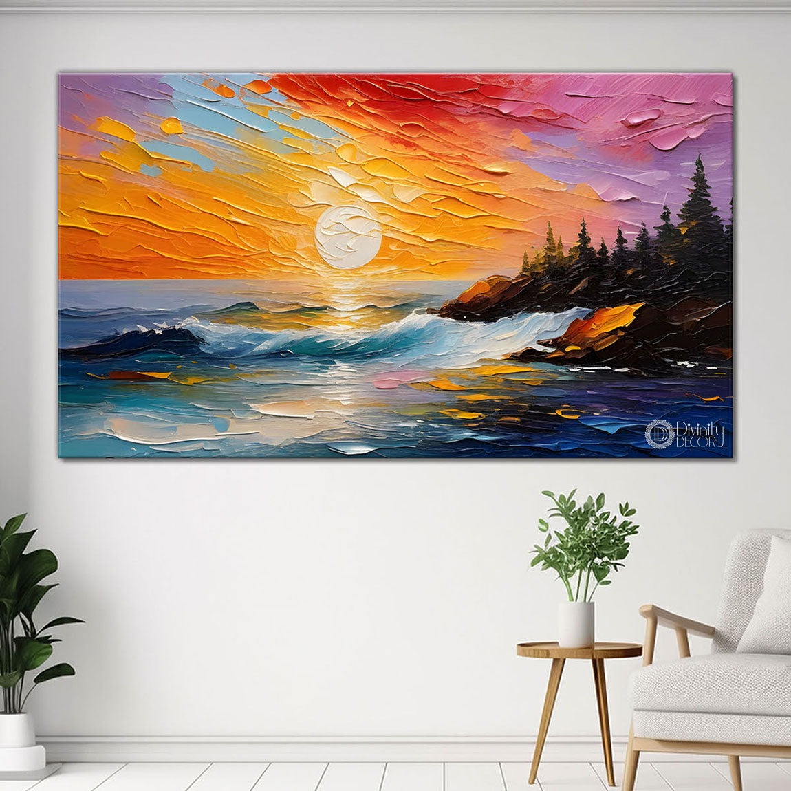 Sea with trees and sunrise painting Canvas Painting - Nature Art -508