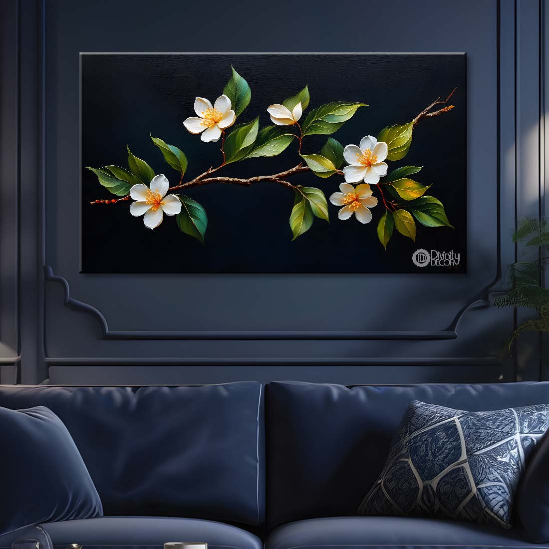 White flowers in black background canvas painting- Flower-509