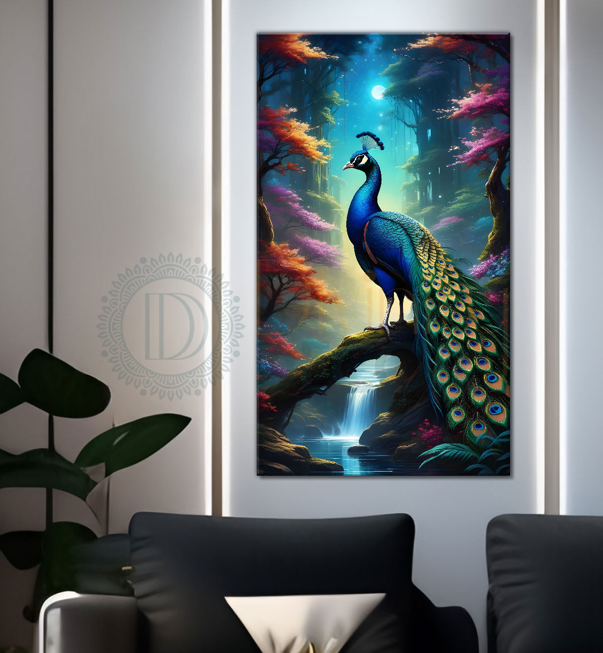 Peacock on branch with purple background modern art painting  - Design - Peacock-V-50