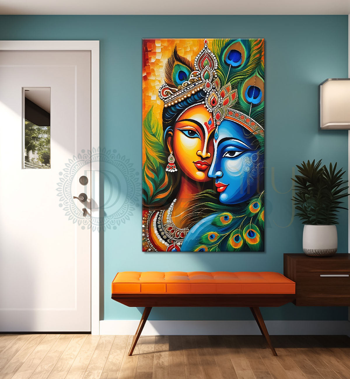 Blue face of krishna with radha in orange background textured art Canvas Painting - Design - Krishna-V-50