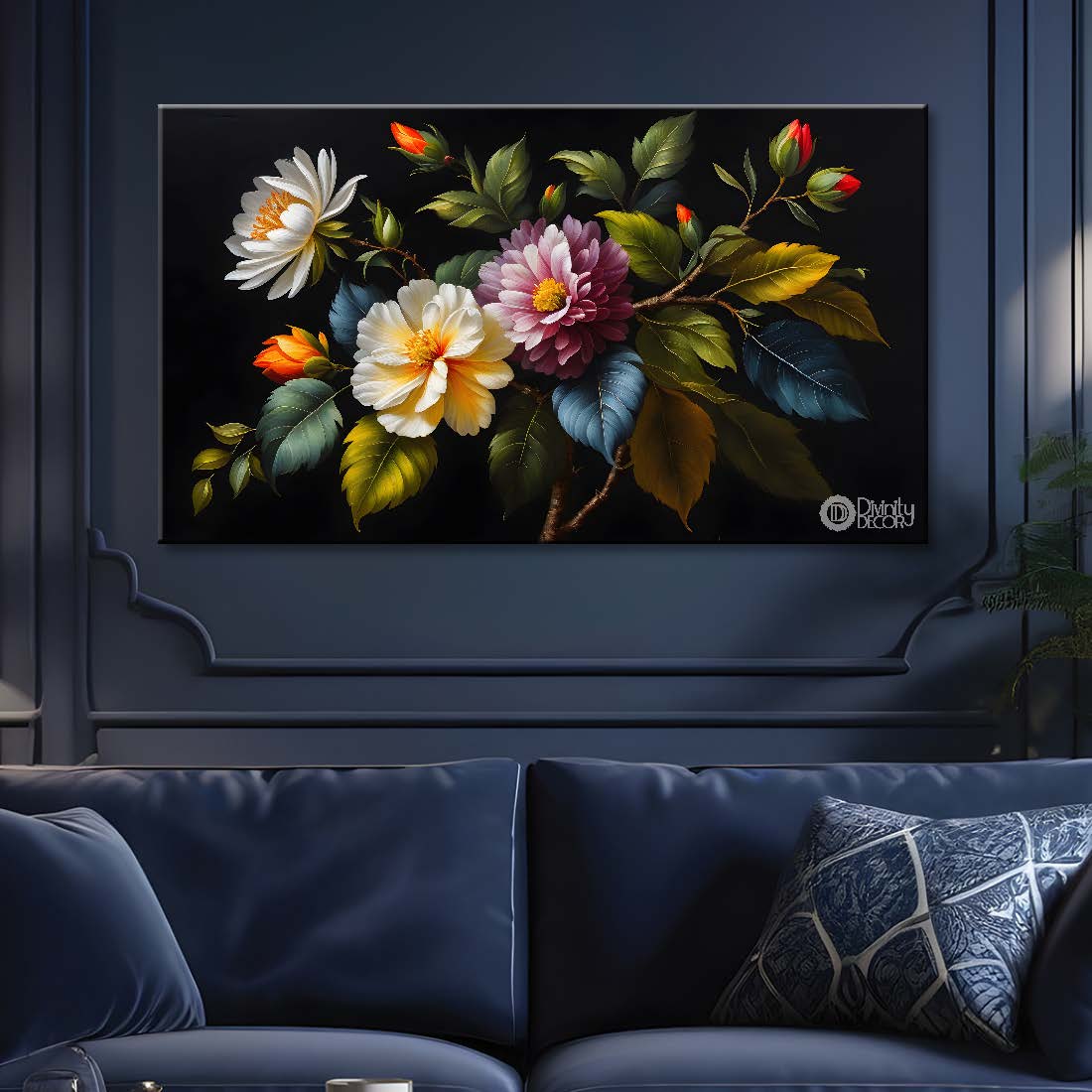 Colorful flowers in black background canvas painting- Flower-510