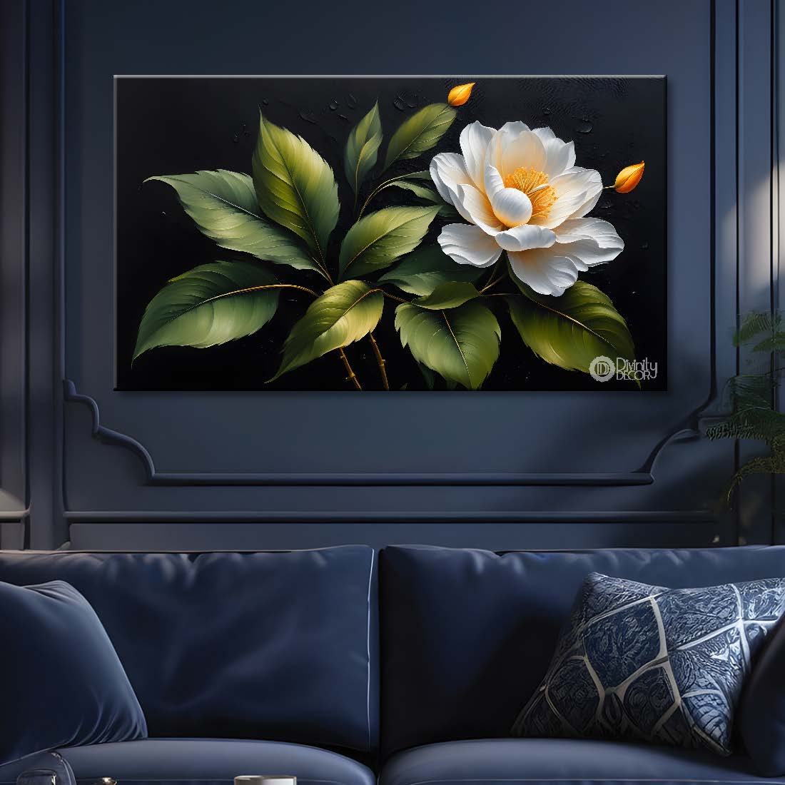 White flower in black background canvas painting- Flower-511