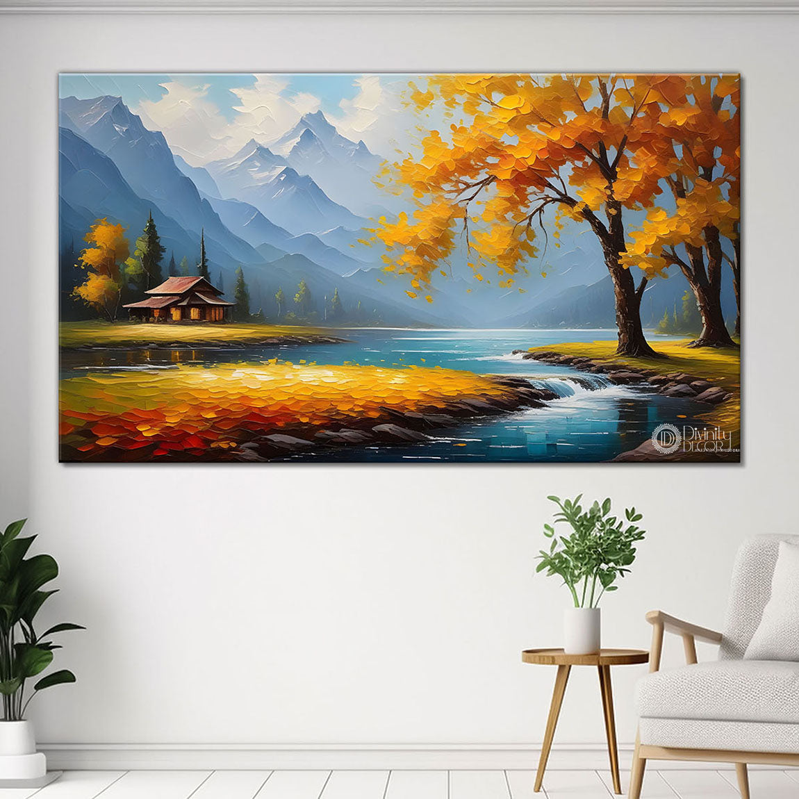 Yellow tree with moon and lake painting Canvas Painting - Nature Art -512