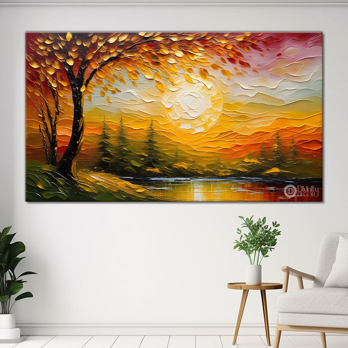 Colorful trees with sun painting Canvas Painting - Nature Art -513