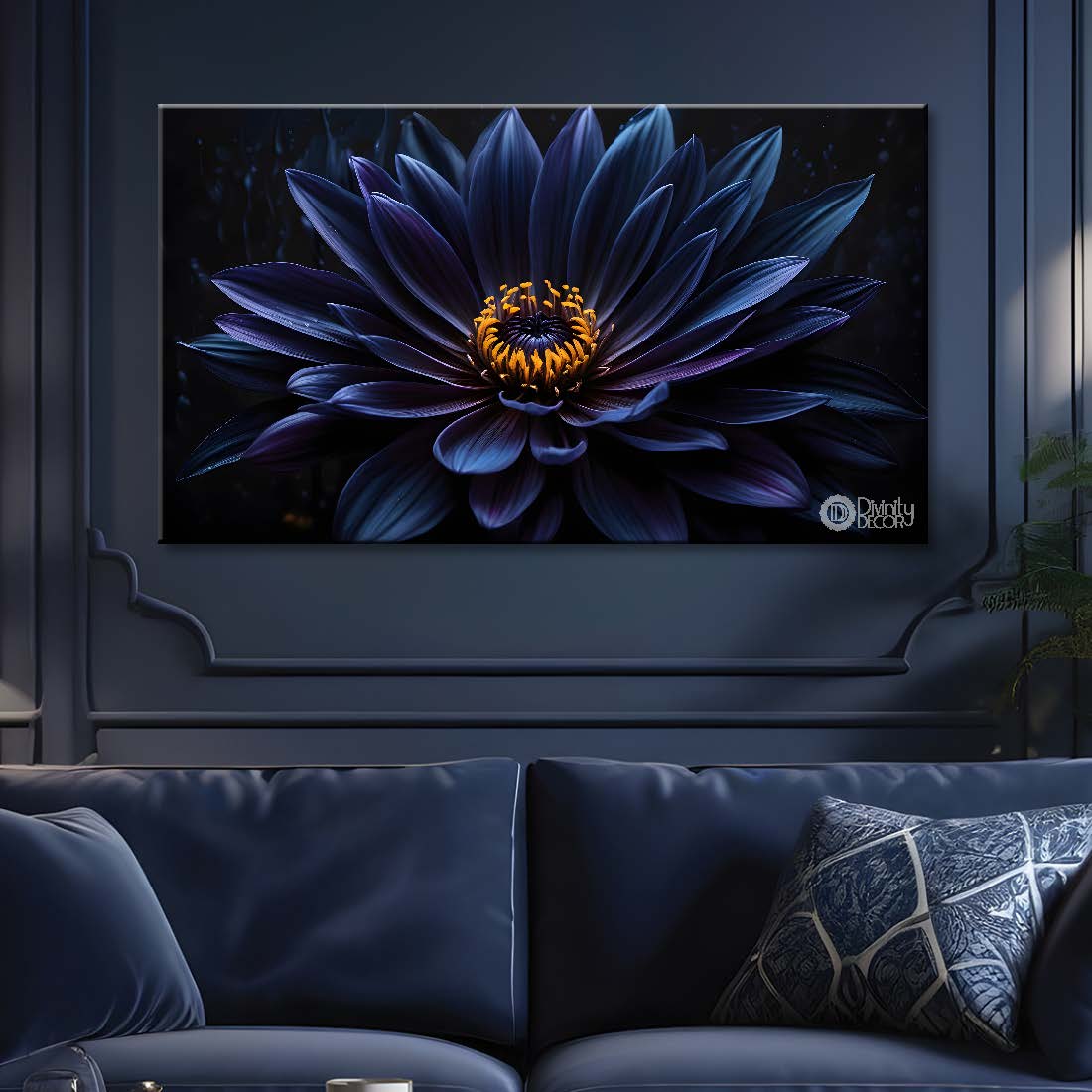 Navy blue flowers in black background canvas painting- Flower-515