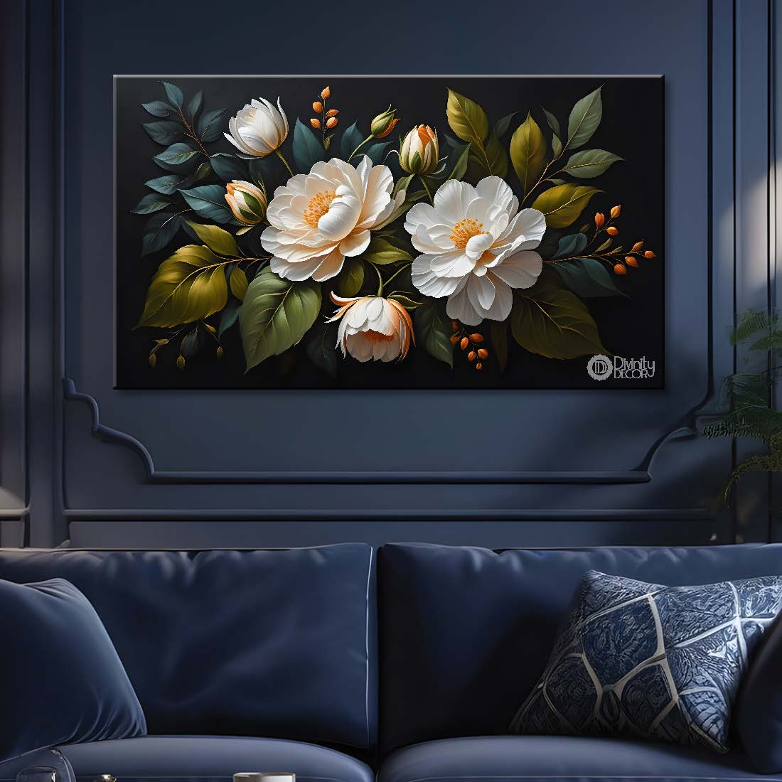 White flowers in black background canvas painting- Flower-518