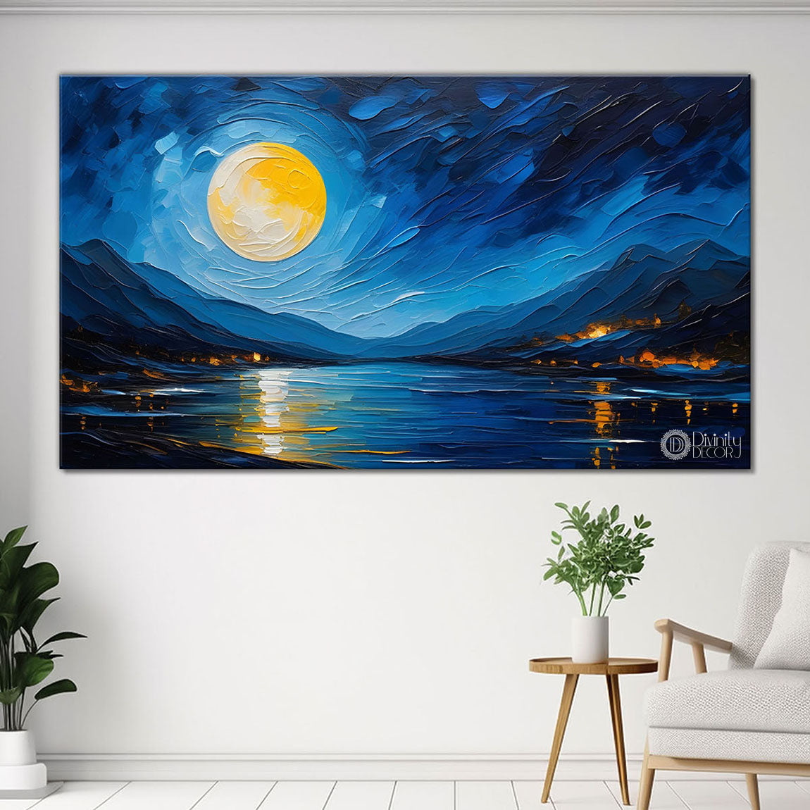 Mountains with the river and moon painting Canvas Painting - Nature Art -519
