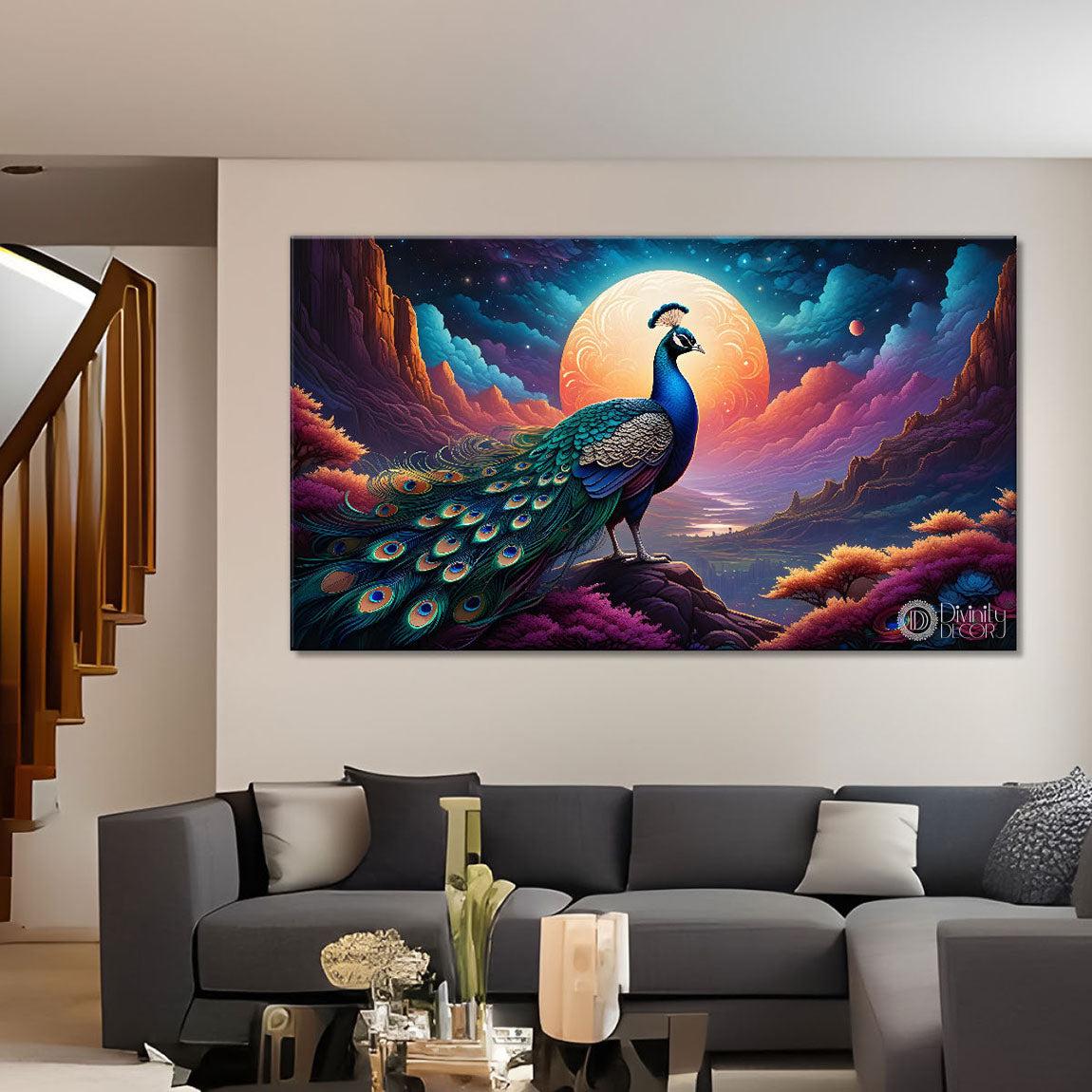 Peacock on the branch with blue background modern art Canvas Painting - Design - Peacock-51