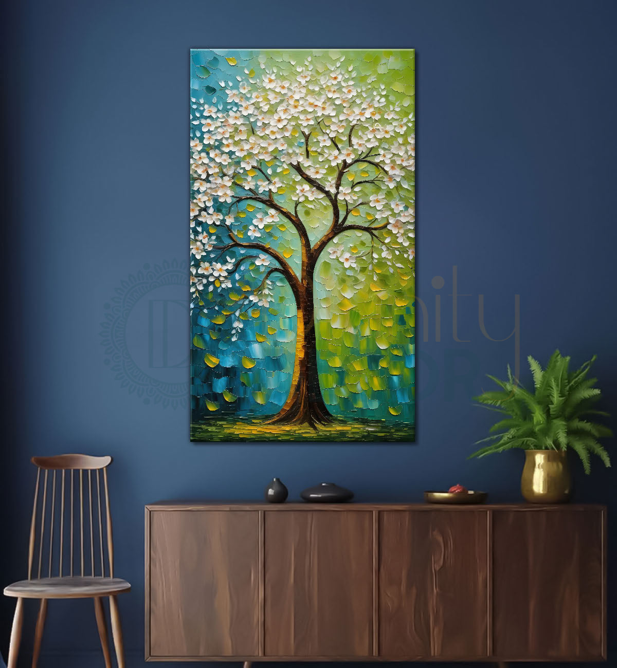 White flowers tree in textured oil painting Canvas painting - Tree-V-51