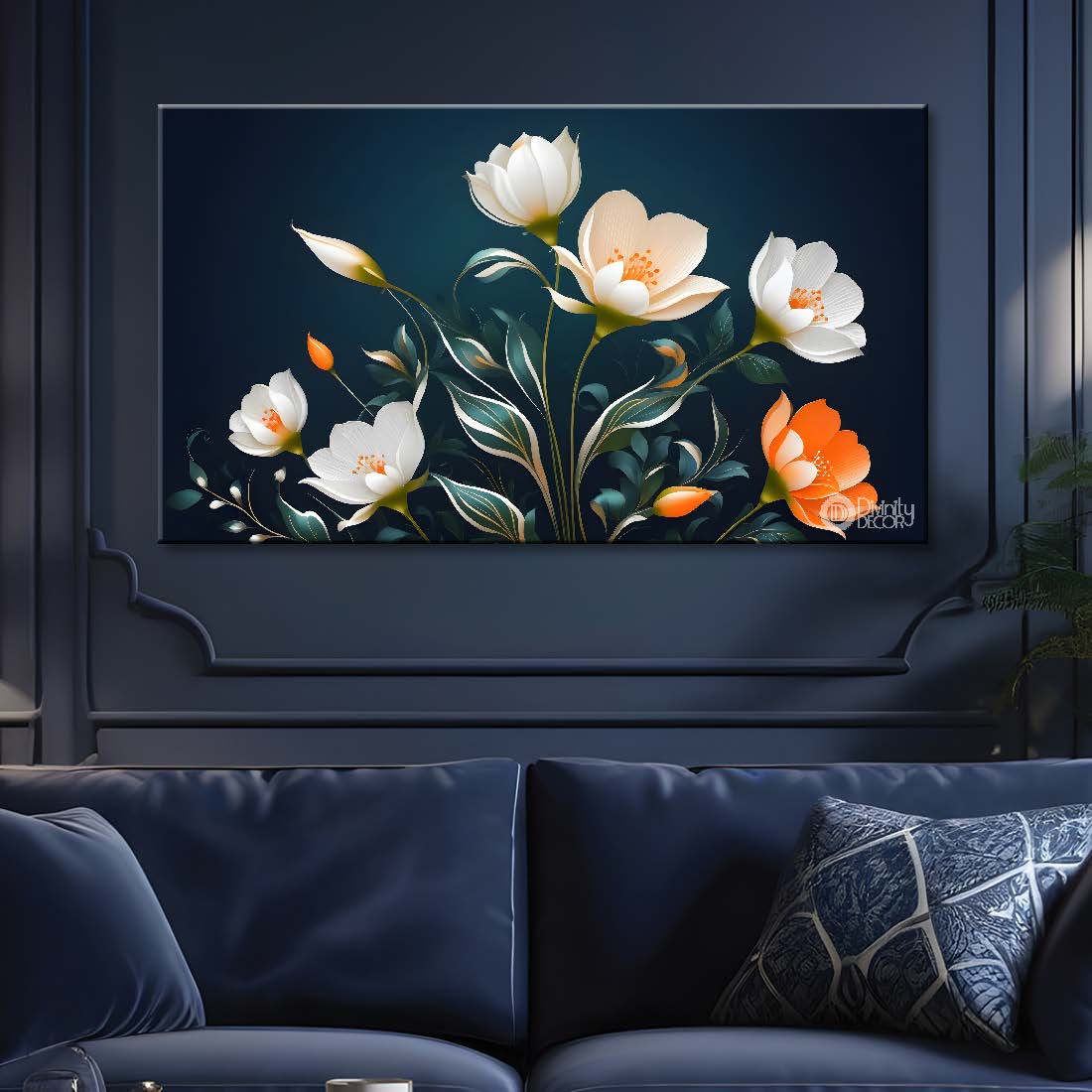 White flowers in black background canvas painting- Flower-520