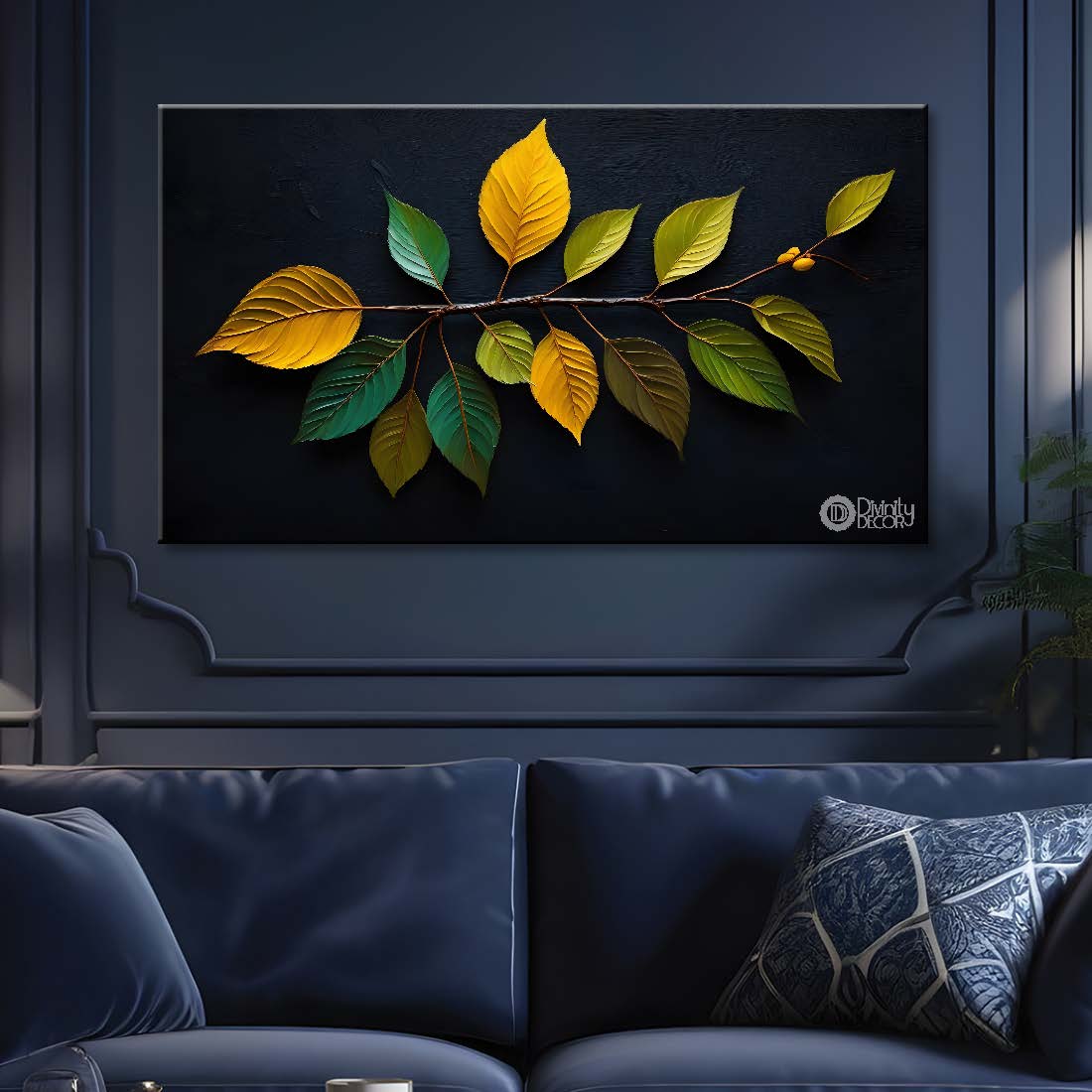 Green and yellow leaves in black background canvas painting- Flower-523