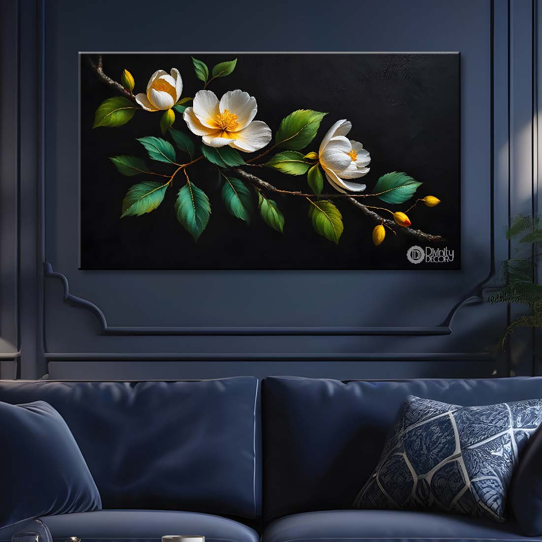 White flowers in black background canvas painting- Flower-525