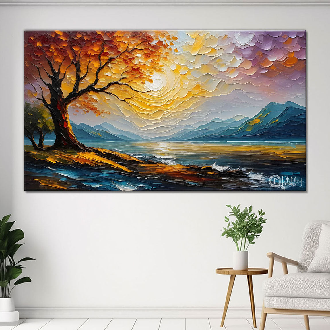 Pink tree with sun textured painting Canvas Painting - Nature Art -526