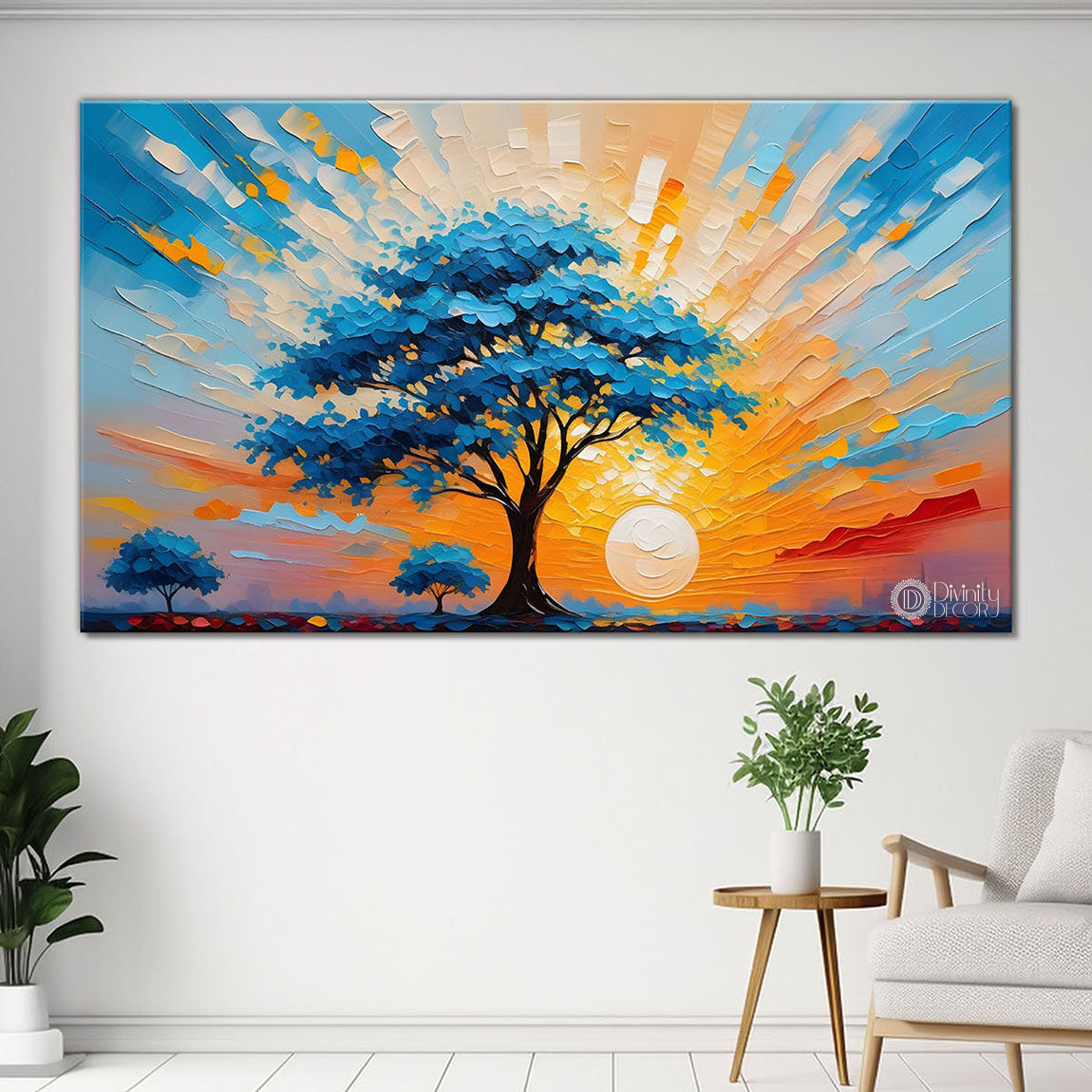 Blue tree with sun textured painting Canvas Painting - Nature Art -527