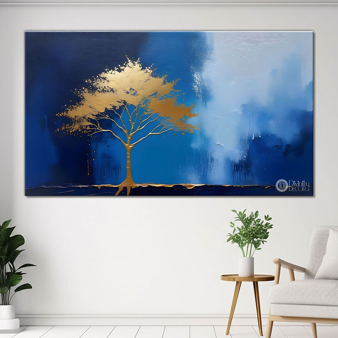 Golden tree in blue textured painting Canvas Painting - Nature Art -528