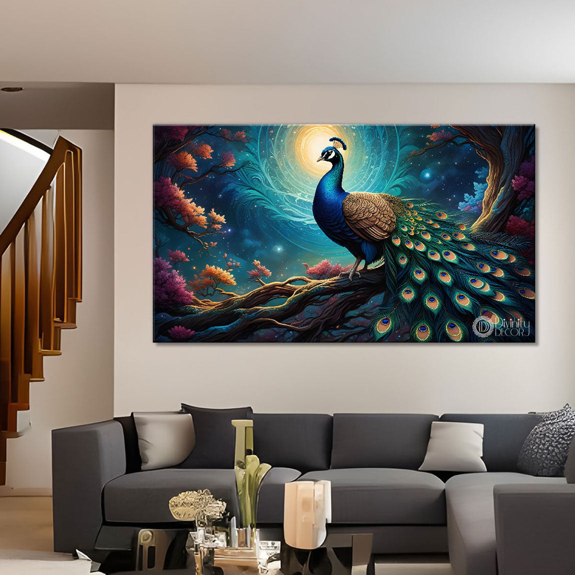 Peacock on the branch with blue background modern art Canvas Painting - Design - Peacock-52