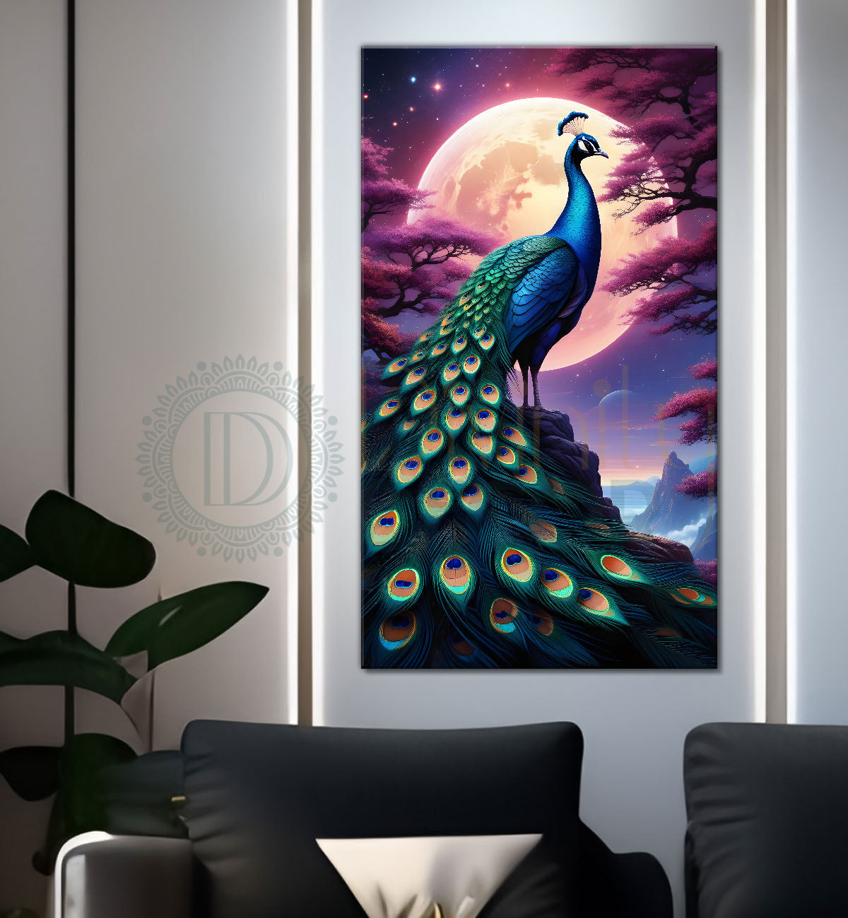 Peacock in front of moon with purple background modern art painting  - Design - Peacock-V-52