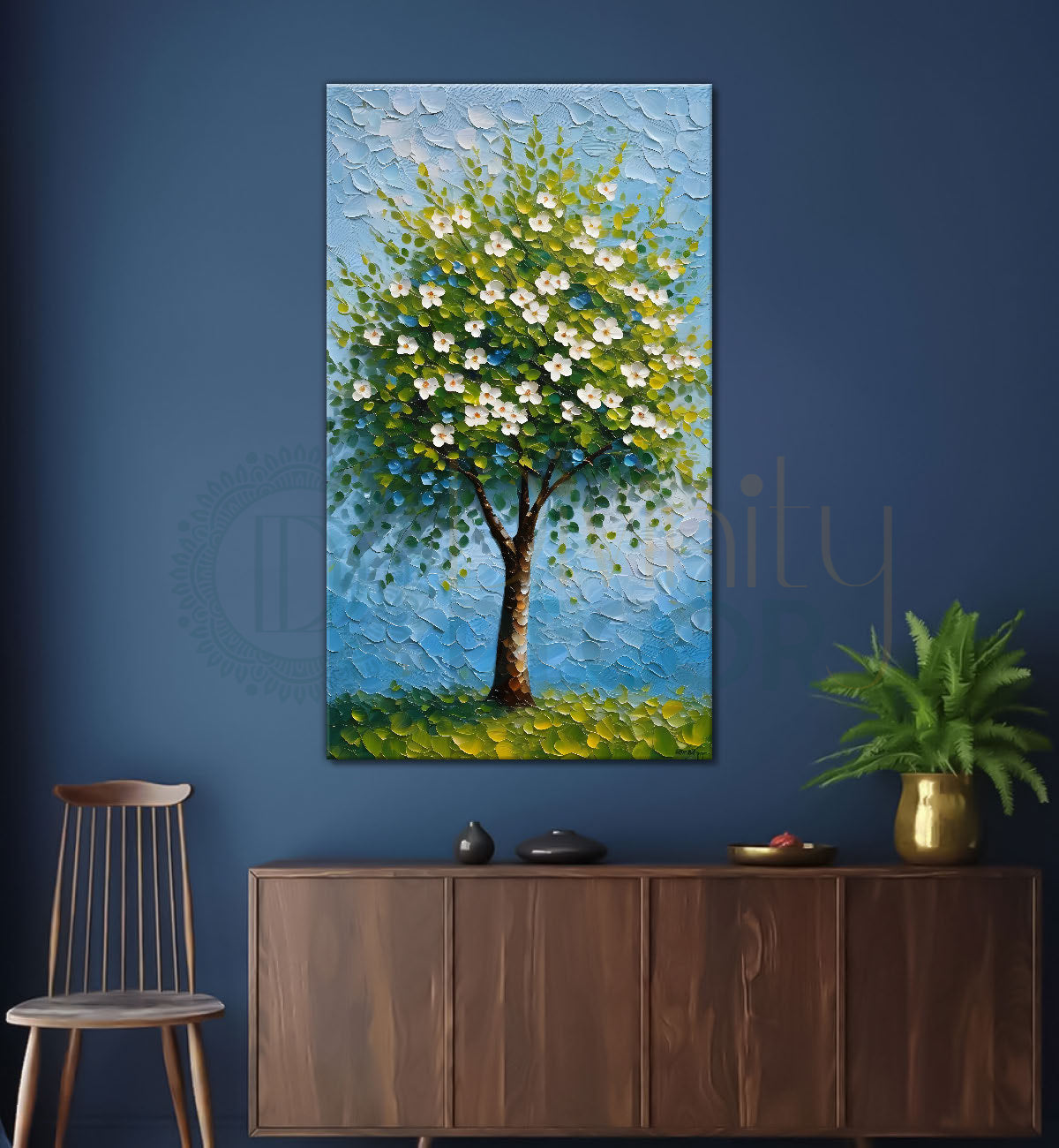 White flowers tree in textured oil painting Canvas painting - Tree-V-52