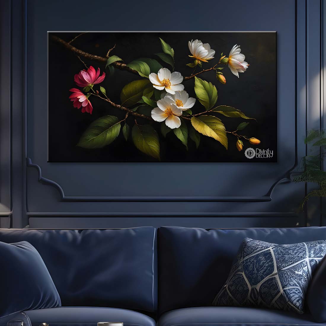 White flowers in black background canvas painting- Flower-531