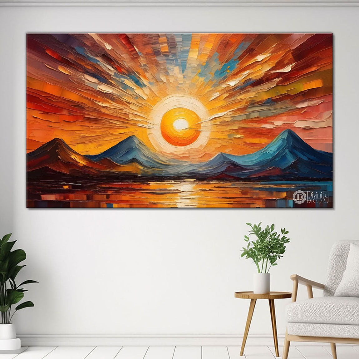 Mountains with sun textured painting Canvas Painting - Nature Art -531