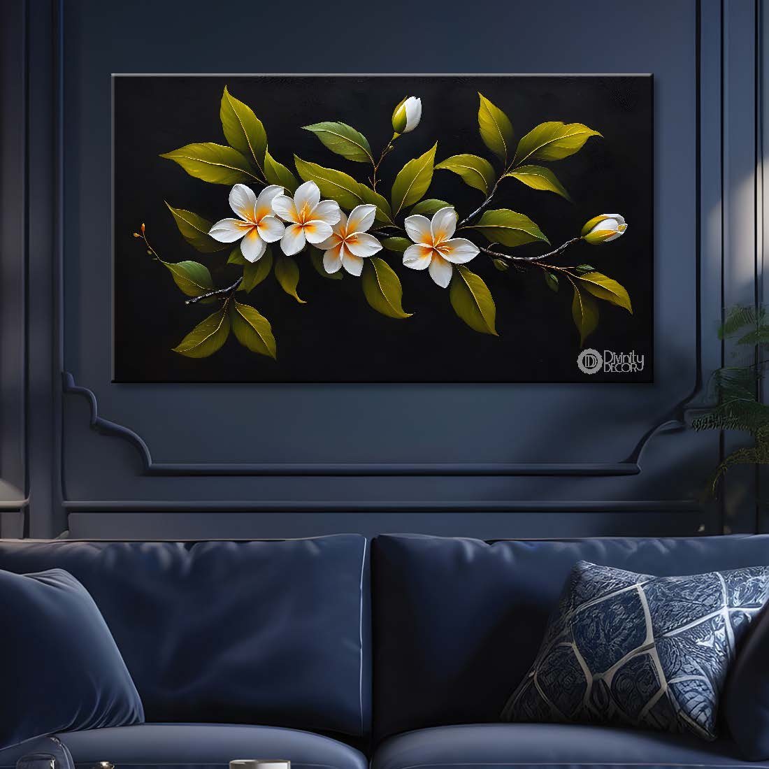 White flower in black background canvas painting- Flower-535