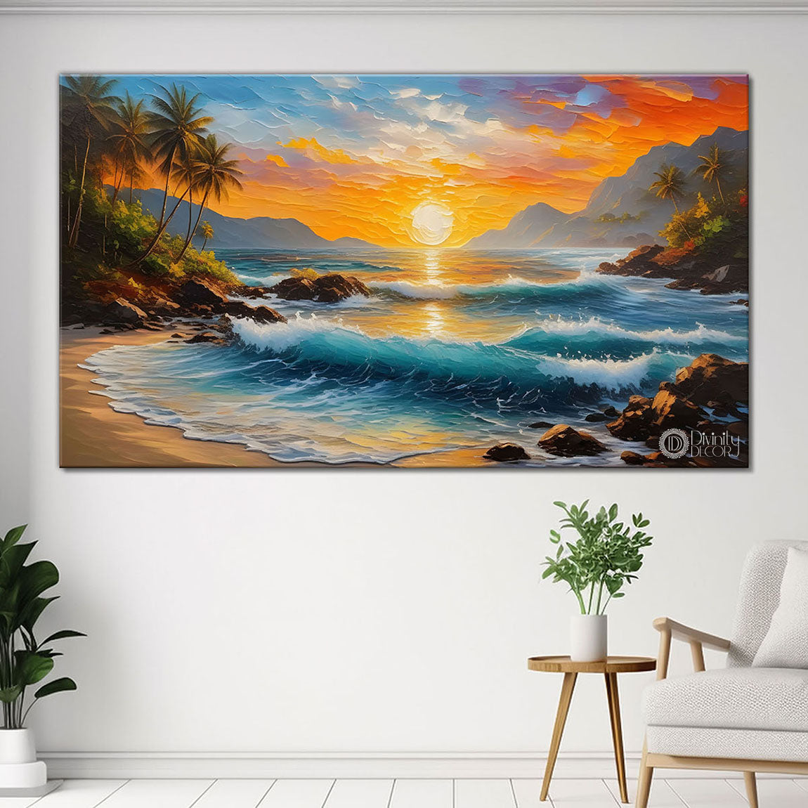 Sea with beach and sunrise painting Canvas Painting - Nature Art -535