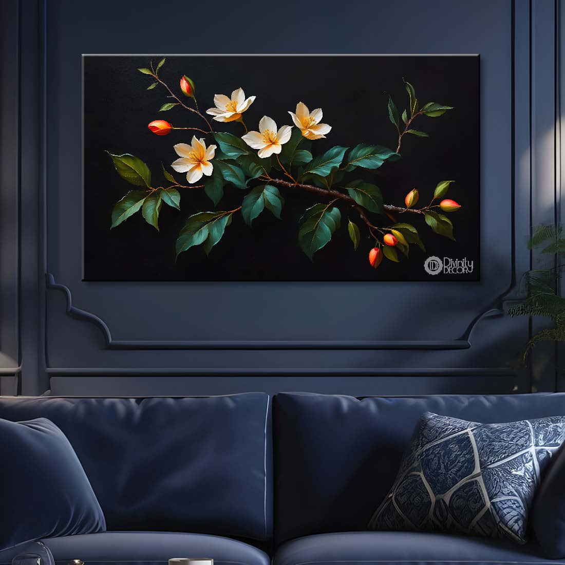 White flower in black background canvas painting- Flower-536