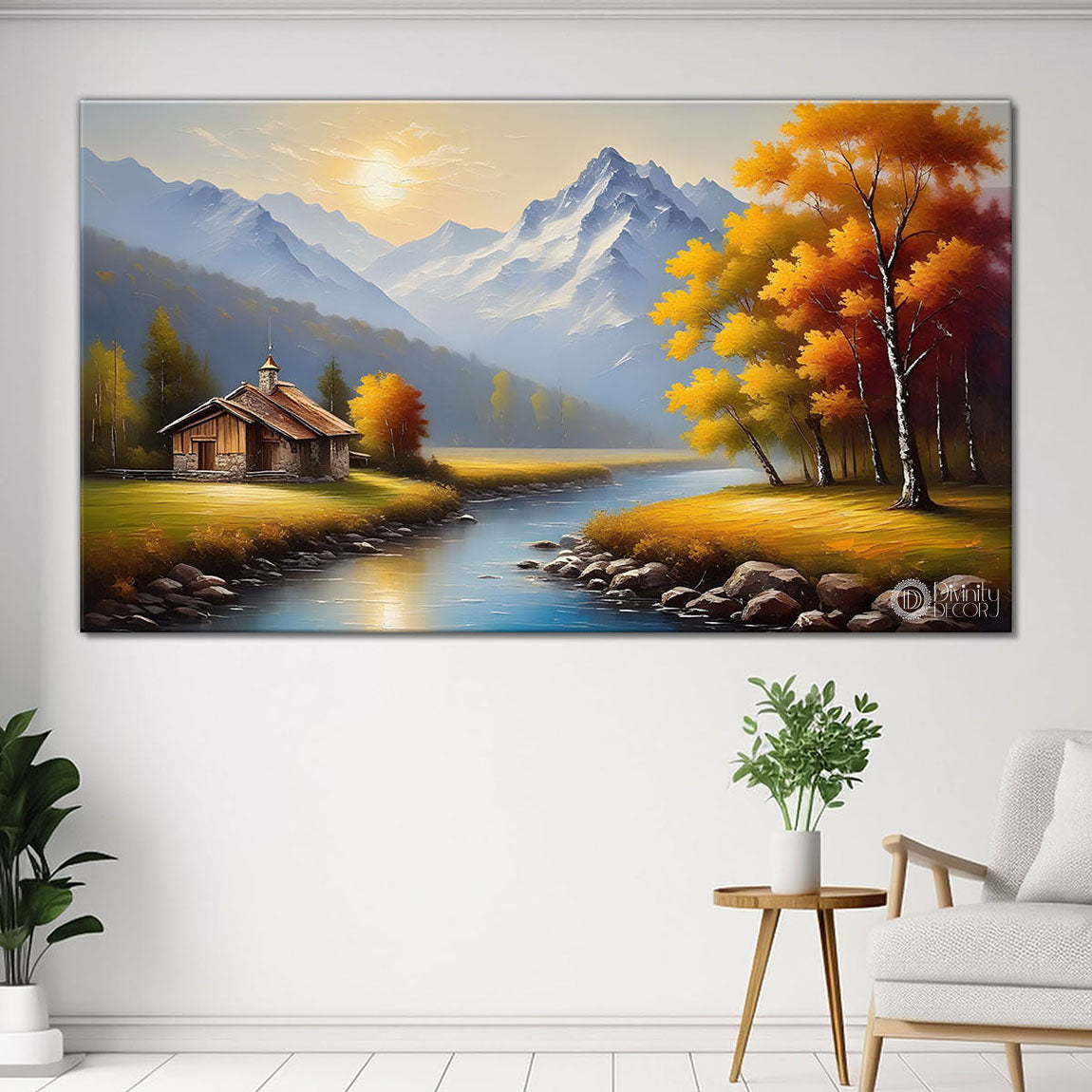 Mountains with orange tree painting Canvas Painting - Nature Art -536
