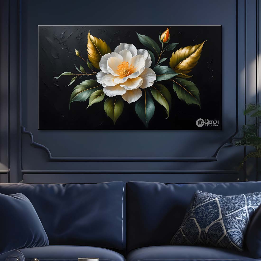 White flower in black background canvas painting- Flower-537