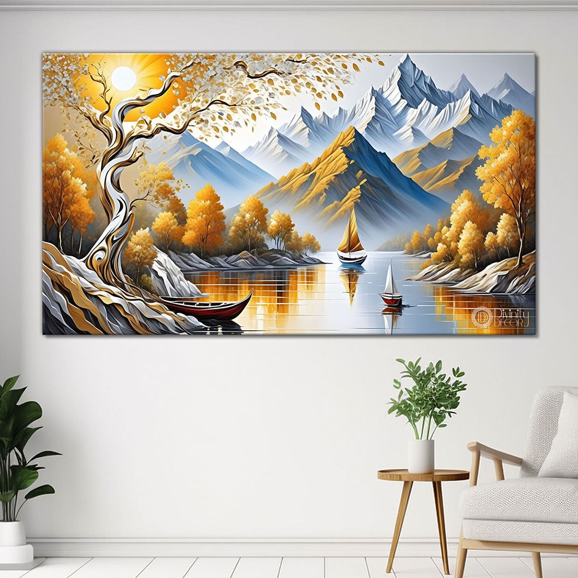 Mountains with tree and river painting Canvas Painting - Nature Art -538