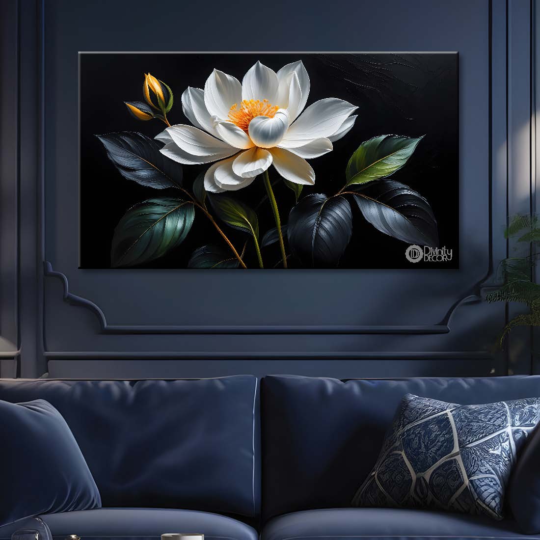 White flower in black background canvas painting- Flower-539