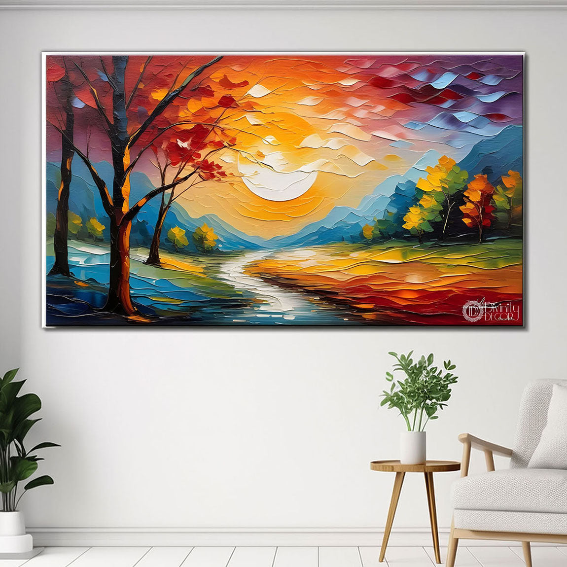 Colorful tree with sun and lake painting Canvas Painting - Nature Art -539