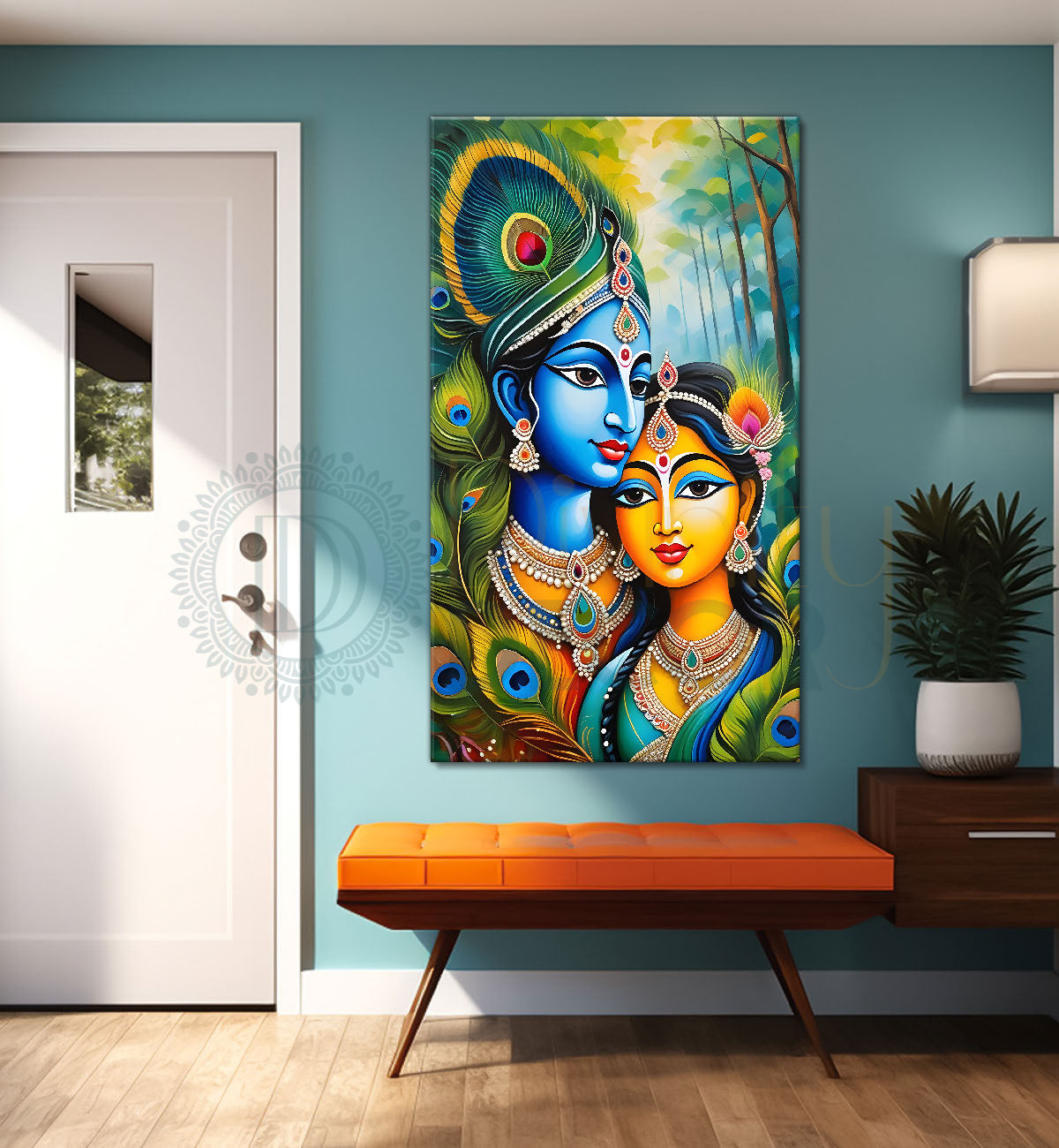 Blue face of krishna with radha in green background textured art Canvas Painting - Design - Krishna-V-53