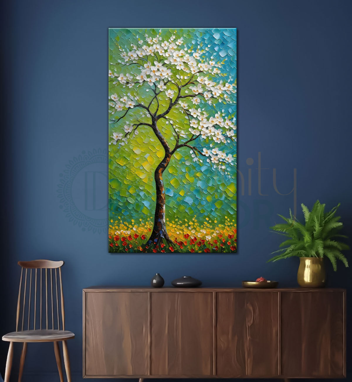 White flowers tree in textured oil painting Canvas painting - Tree-V-53