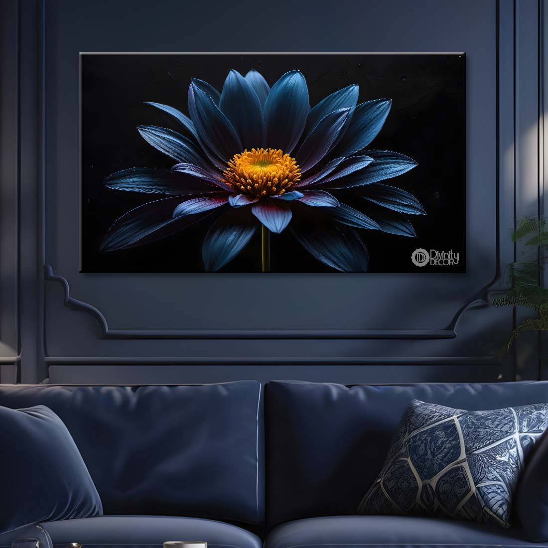 Navy blue flowers in black background canvas painting- Flower-544