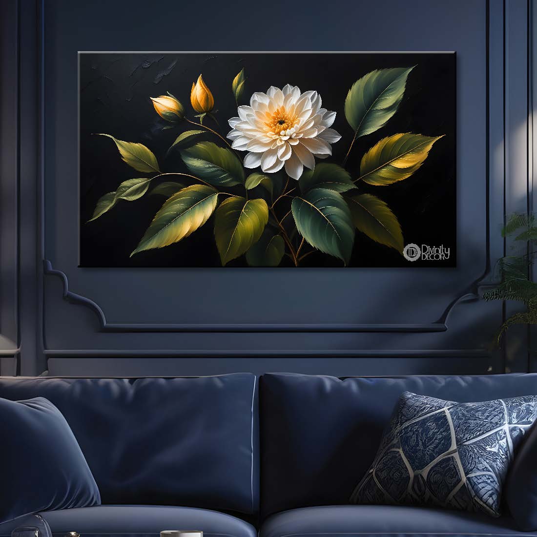 White flower in black background canvas painting- Flower-545
