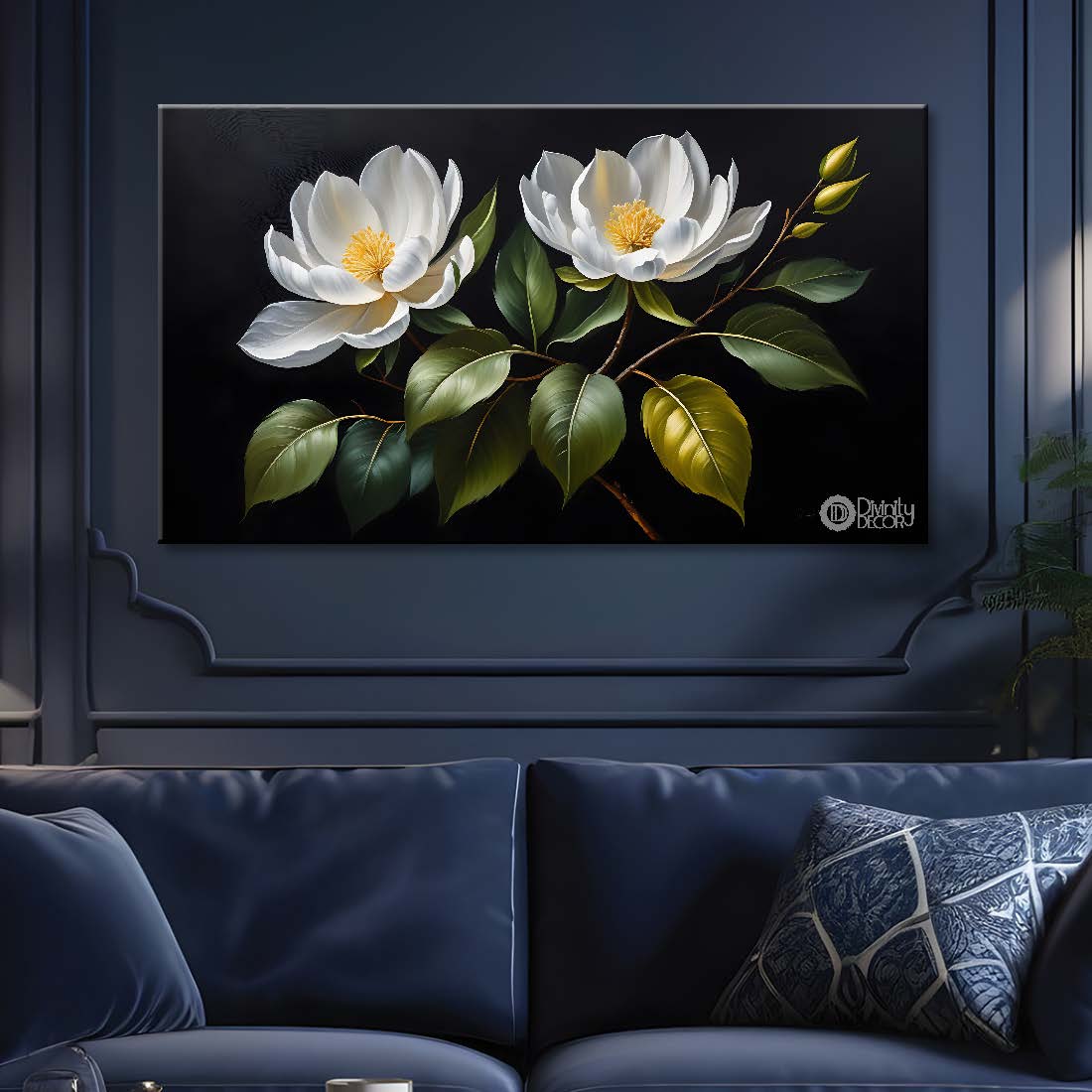 White flower in black background canvas painting- Flower-546