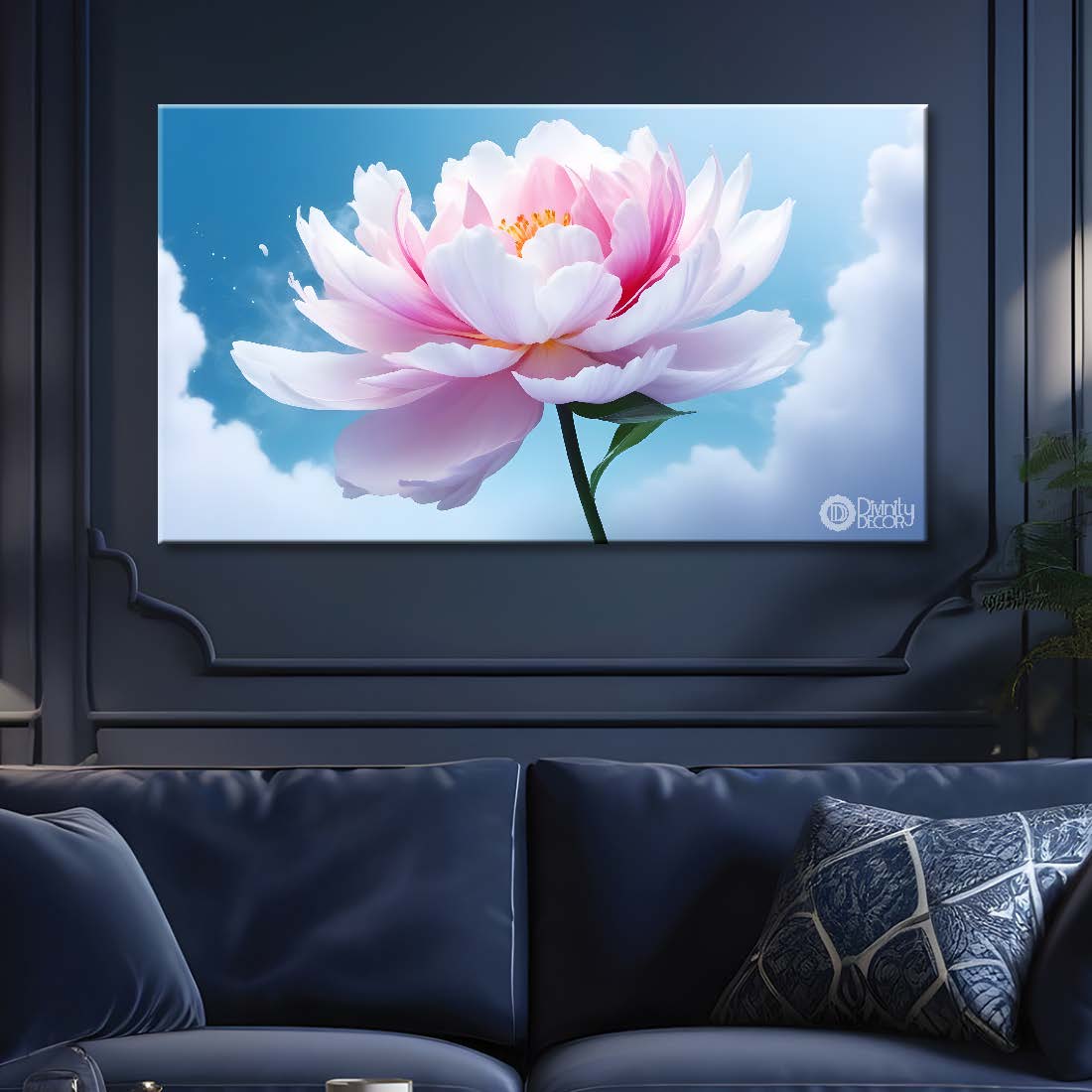 Pink flowers in blue background canvas painting- Flower-547