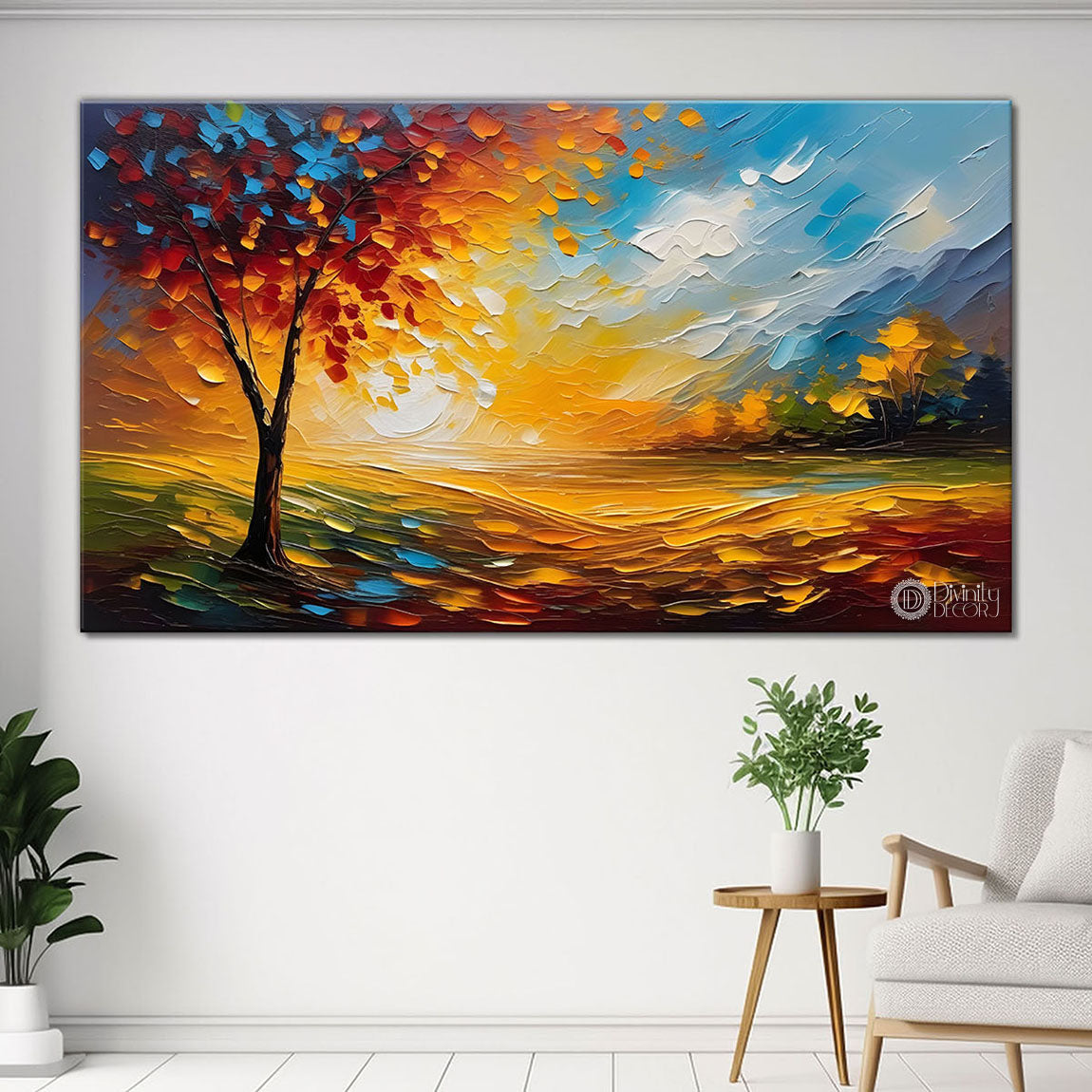 Orange tree with flowers and sunset painting Canvas Painting - Nature Art -547