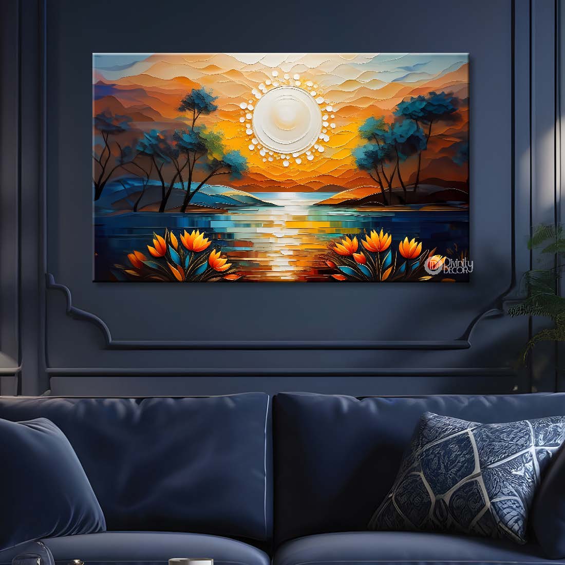 Trees with sea and sunrise textured painting canvas painting- Flower-548