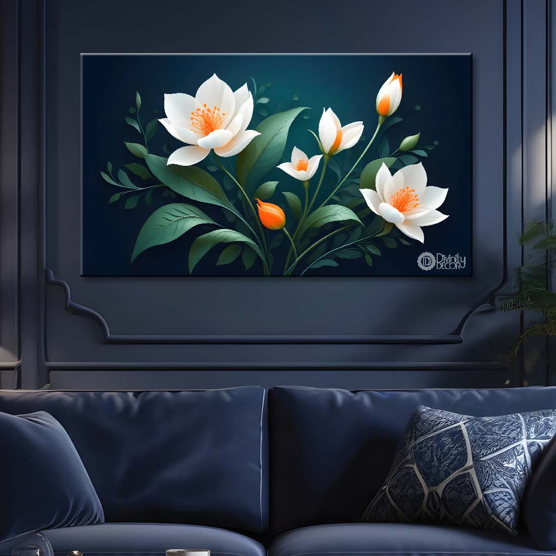White flowers in sea green background canvas painting- Flower-549